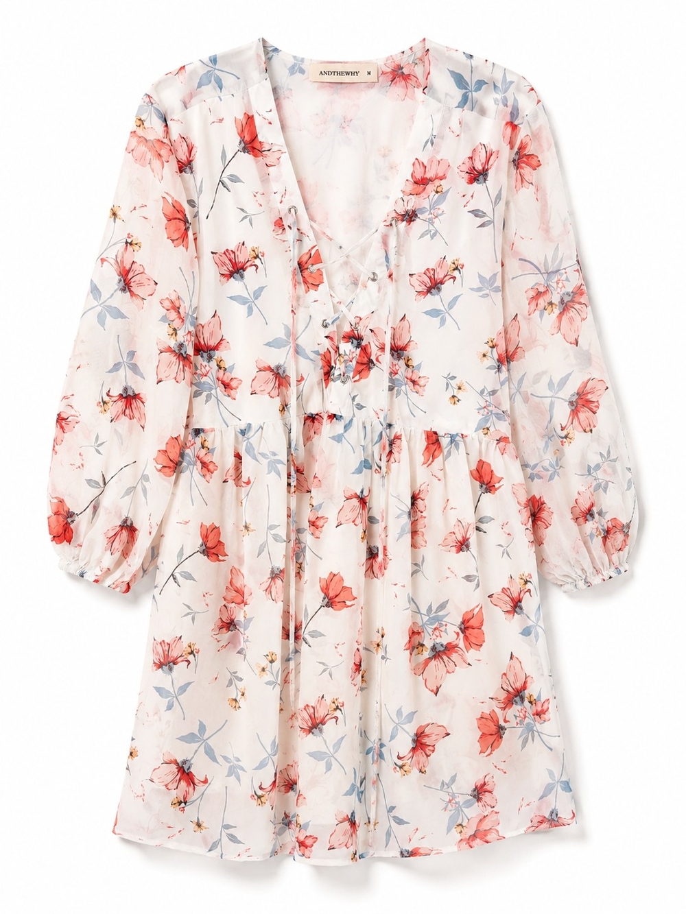 ANDTHEWHY Floral Babydoll Mini Dress Cottagecore Boho Size Medium
